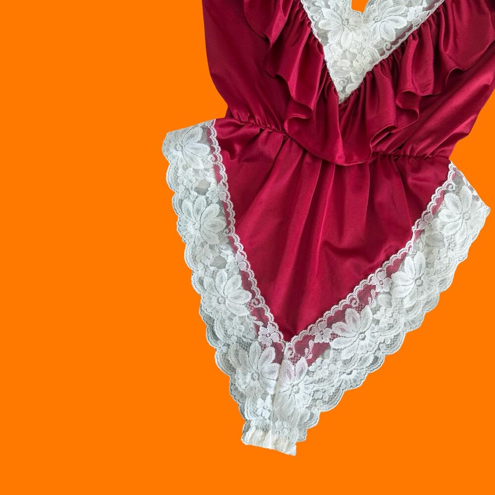 70's 80's vintage romantic ruffled lace teddy hi cut lingerie one piece SMALL - Picture 4 of 8